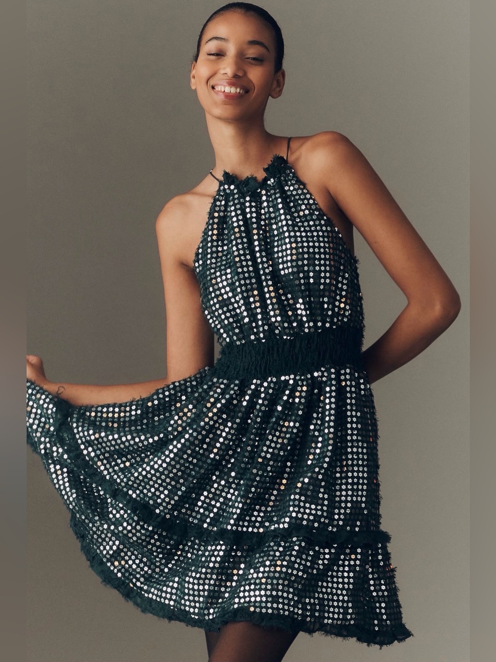 NWT Anthropologie Somerset Shine Sequin Halter Mini Dress Green Size S